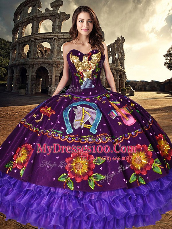 Pretty Purple Lace Up Sweetheart Embroidery and Ruffled Layers Quinceanera Gowns Organza and Taffeta Sleeveless