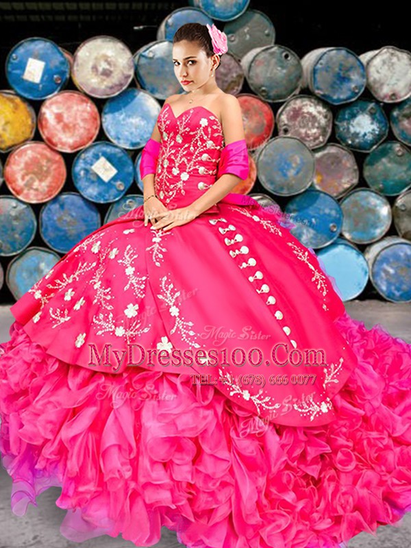 Hot Pink Sleeveless Brush Train Beading and Embroidery and Ruffles With Train Ball Gown Prom Dress