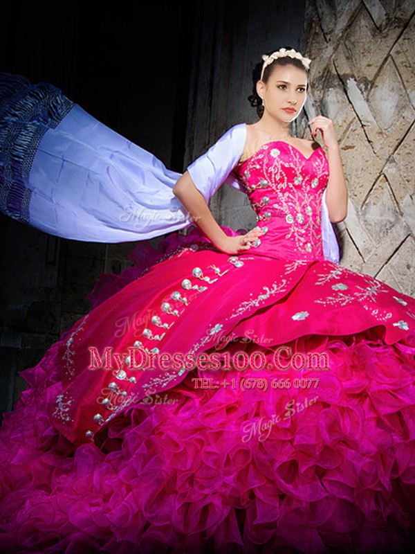 Hot Pink Sleeveless Brush Train Beading and Embroidery and Ruffles With Train Ball Gown Prom Dress