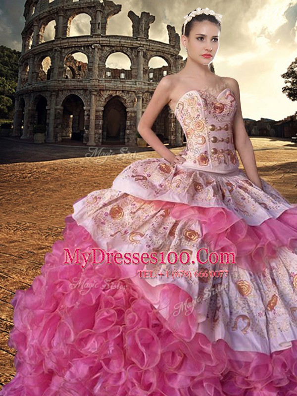 Pretty Court Train Ball Gowns Vestidos de Quinceanera Pink And White Sweetheart Organza Sleeveless With Train Lace Up
