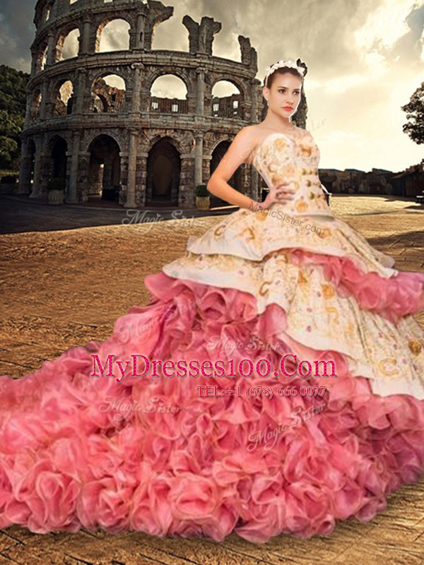 Pretty Court Train Ball Gowns Vestidos de Quinceanera Pink And White Sweetheart Organza Sleeveless With Train Lace Up