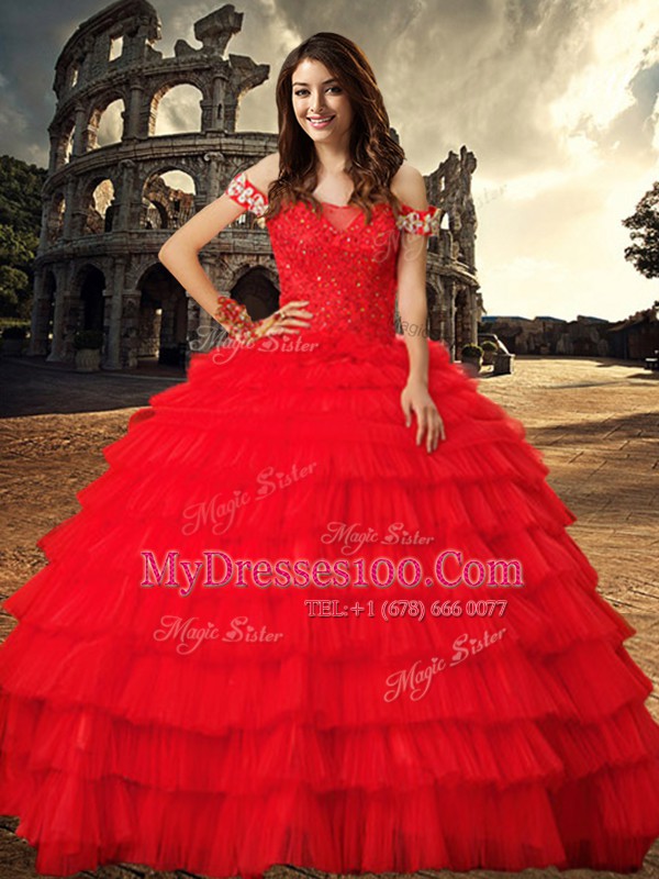 Fabulous Off the Shoulder Sleeveless Chapel Train Lace Up With Train Beading and Ruffled Layers Sweet 16 Quinceanera Dress