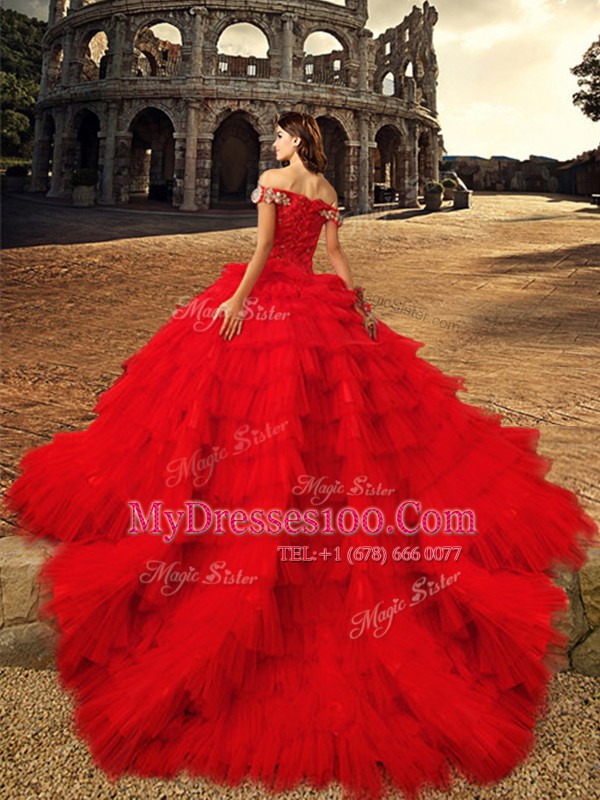 Fabulous Off the Shoulder Sleeveless Chapel Train Lace Up With Train Beading and Ruffled Layers Sweet 16 Quinceanera Dress