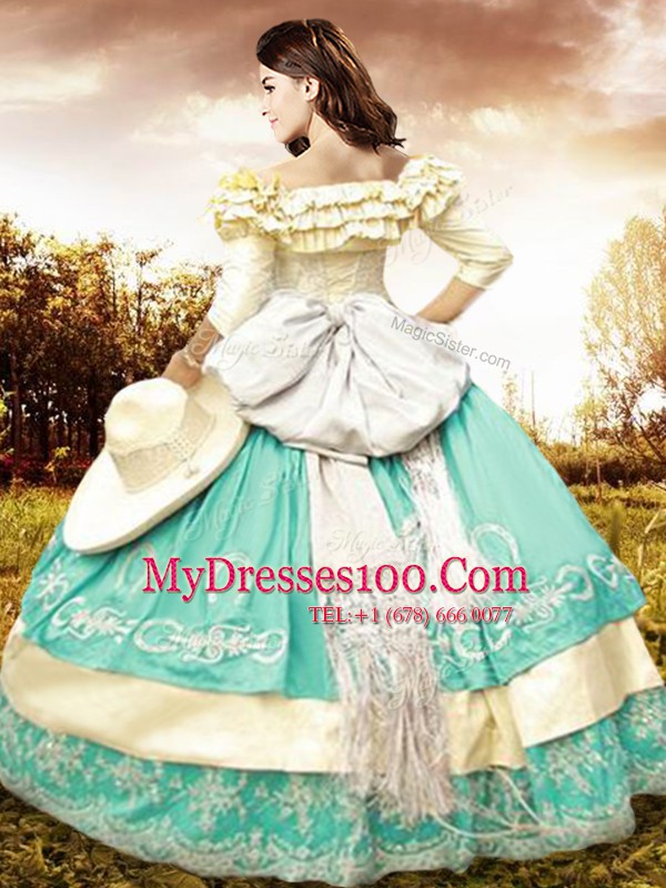 Nice Off the Shoulder Multi-color Ball Gowns Embroidery and Ruffled Layers and Bowknot Ball Gown Prom Dress Lace Up Taffeta Half Sleeves Floor Length