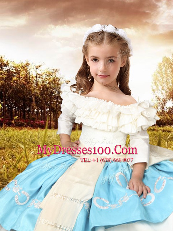 Nice Off the Shoulder Multi-color Ball Gowns Embroidery and Ruffled Layers and Bowknot Ball Gown Prom Dress Lace Up Taffeta Half Sleeves Floor Length