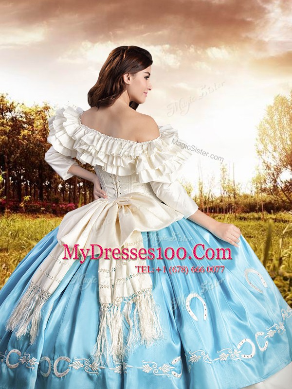 Nice Off the Shoulder Multi-color Ball Gowns Embroidery and Ruffled Layers and Bowknot Ball Gown Prom Dress Lace Up Taffeta Half Sleeves Floor Length