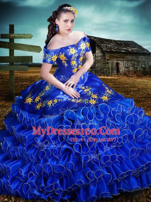 Wonderful Off the Shoulder Short Sleeves Floor Length Embroidery and Ruffled Layers Lace Up 15th Birthday Dress with Royal Blue