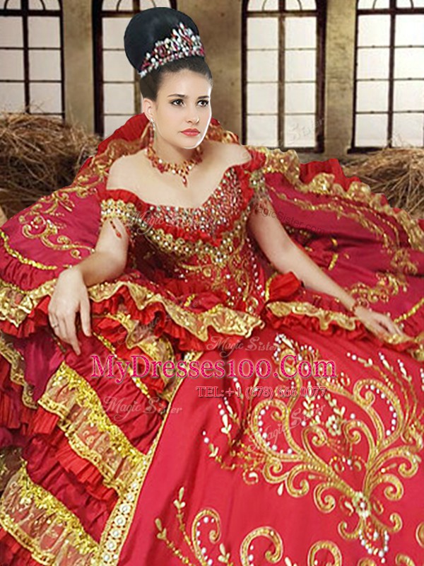 Customized Off the Shoulder Ruffled Red Sleeveless Taffeta Lace Up Vestidos de Quinceanera for Military Ball and Sweet 16 and Quinceanera