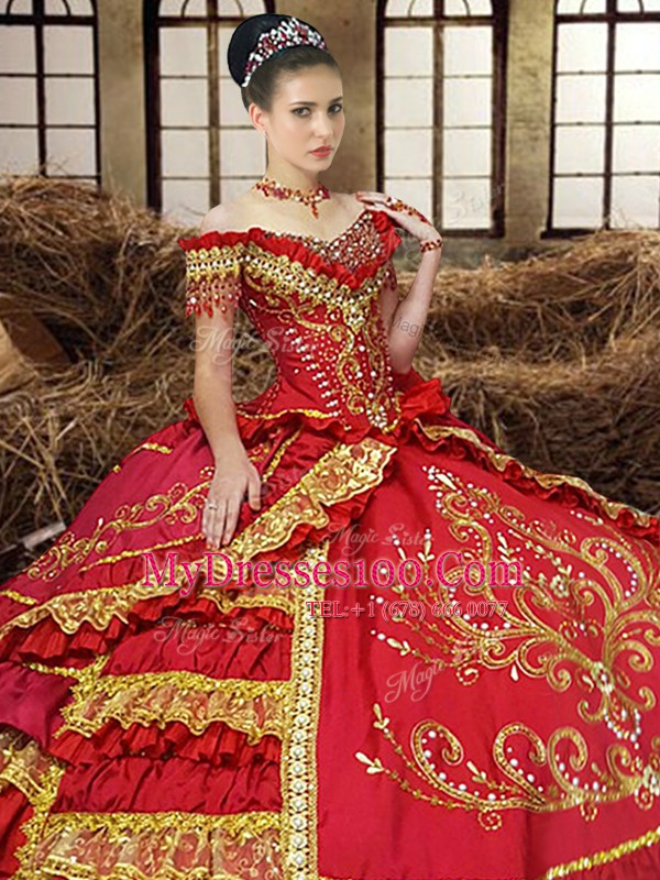 Customized Off the Shoulder Ruffled Red Sleeveless Taffeta Lace Up Vestidos de Quinceanera for Military Ball and Sweet 16 and Quinceanera