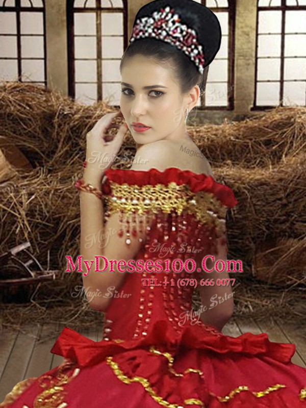 Customized Off the Shoulder Ruffled Red Sleeveless Taffeta Lace Up Vestidos de Quinceanera for Military Ball and Sweet 16 and Quinceanera