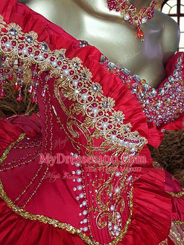 Customized Off the Shoulder Ruffled Red Sleeveless Taffeta Lace Up Vestidos de Quinceanera for Military Ball and Sweet 16 and Quinceanera