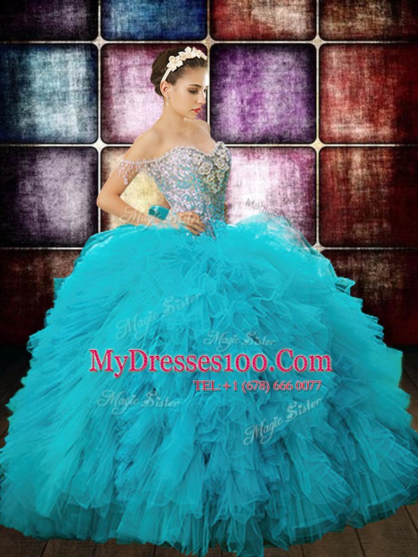Best Selling Aqua Blue Ball Gowns Off The Shoulder Sleeveless Tulle Floor Length Zipper Beading and Ruffles and Sequins Sweet 16 Dress