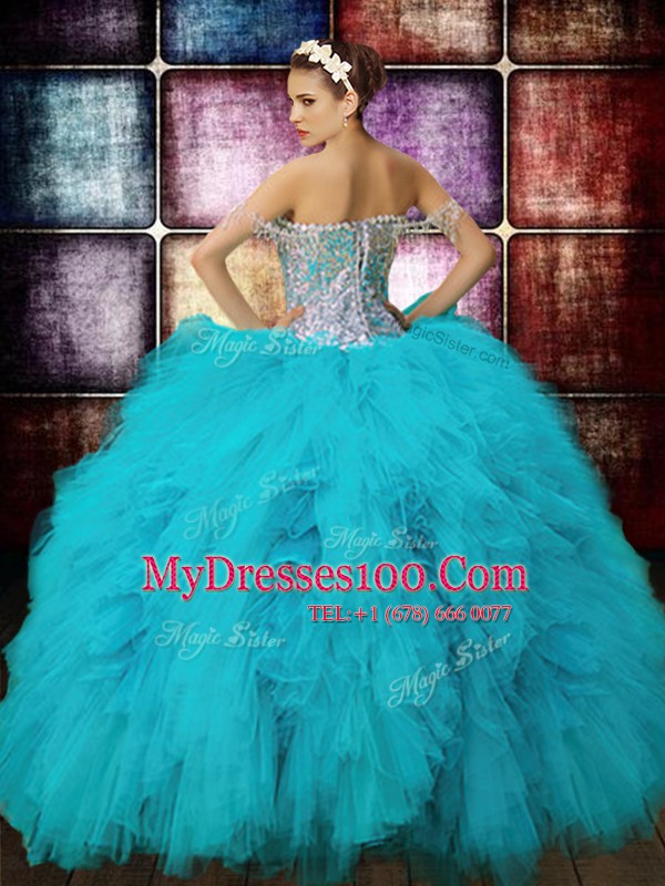 Best Selling Aqua Blue Ball Gowns Off The Shoulder Sleeveless Tulle Floor Length Zipper Beading and Ruffles and Sequins Sweet 16 Dress