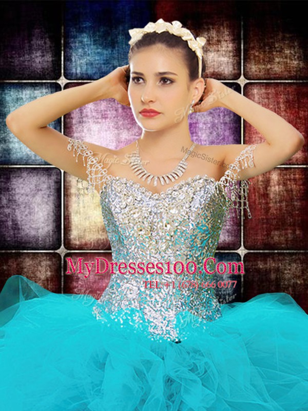 Best Selling Aqua Blue Ball Gowns Off The Shoulder Sleeveless Tulle Floor Length Zipper Beading and Ruffles and Sequins Sweet 16 Dress