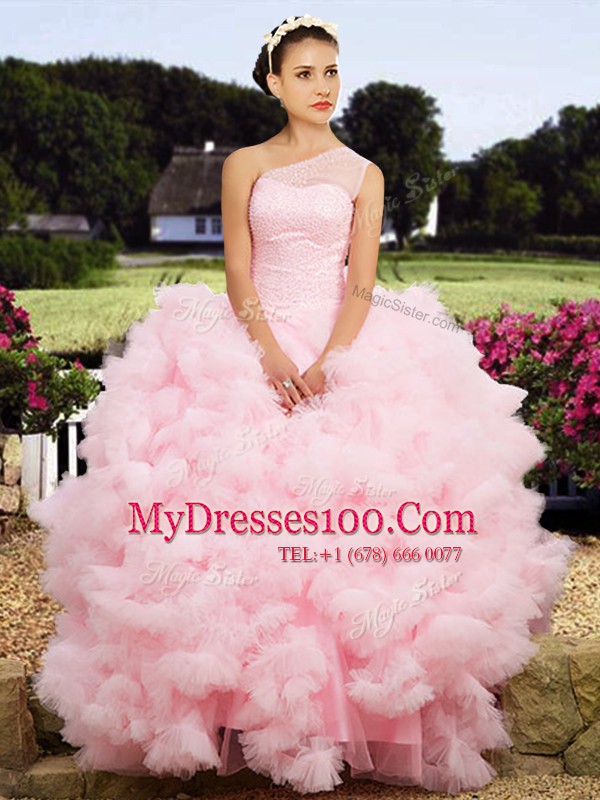 Shining One Shoulder Baby Pink Tulle Lace Up 15th Birthday Dress Sleeveless Floor Length Beading