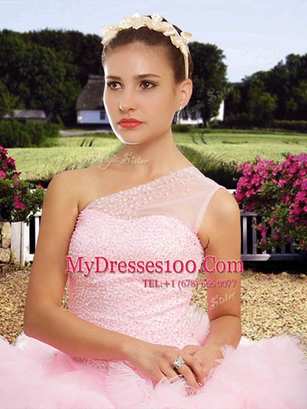Shining One Shoulder Baby Pink Tulle Lace Up 15th Birthday Dress Sleeveless Floor Length Beading