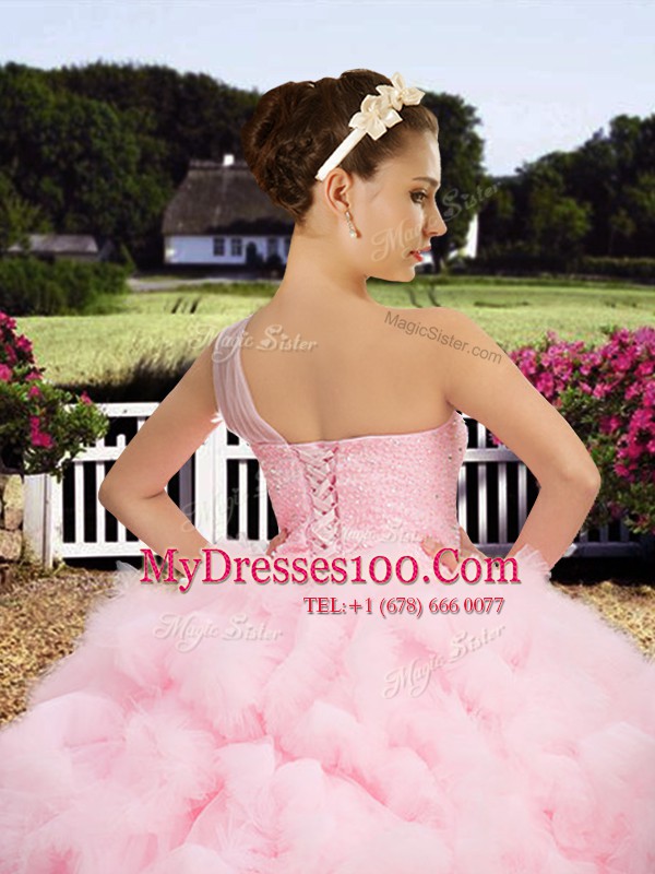 Shining One Shoulder Baby Pink Tulle Lace Up 15th Birthday Dress Sleeveless Floor Length Beading