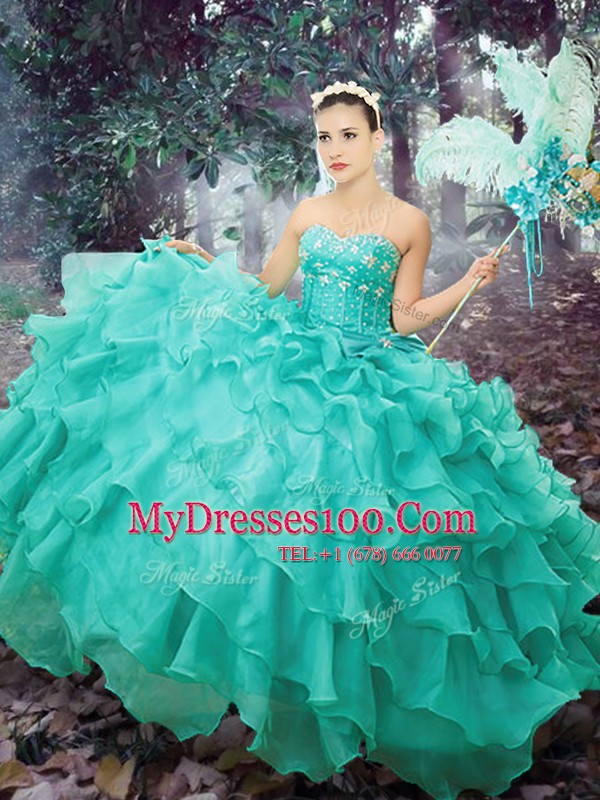 Classical Turquoise Sleeveless Floor Length Beading and Ruffled Layers Lace Up Quinceanera Gowns