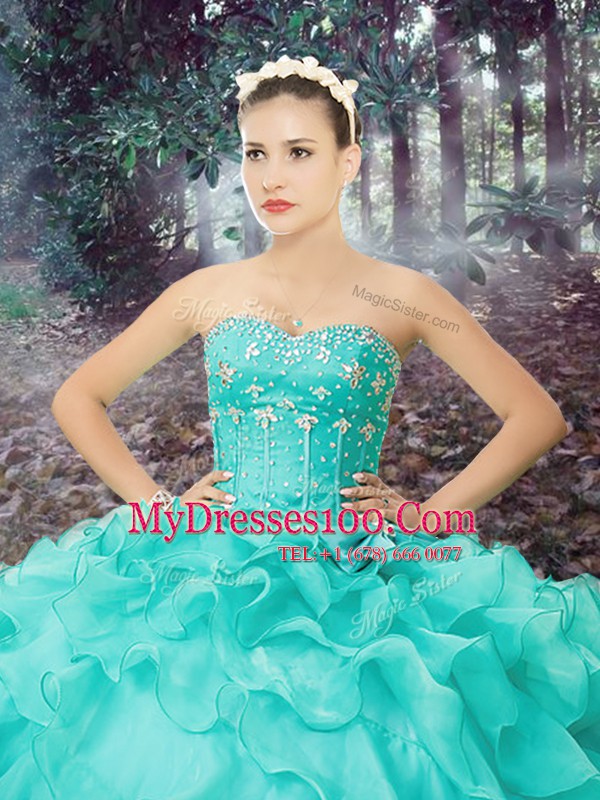 Classical Turquoise Sleeveless Floor Length Beading and Ruffled Layers Lace Up Quinceanera Gowns