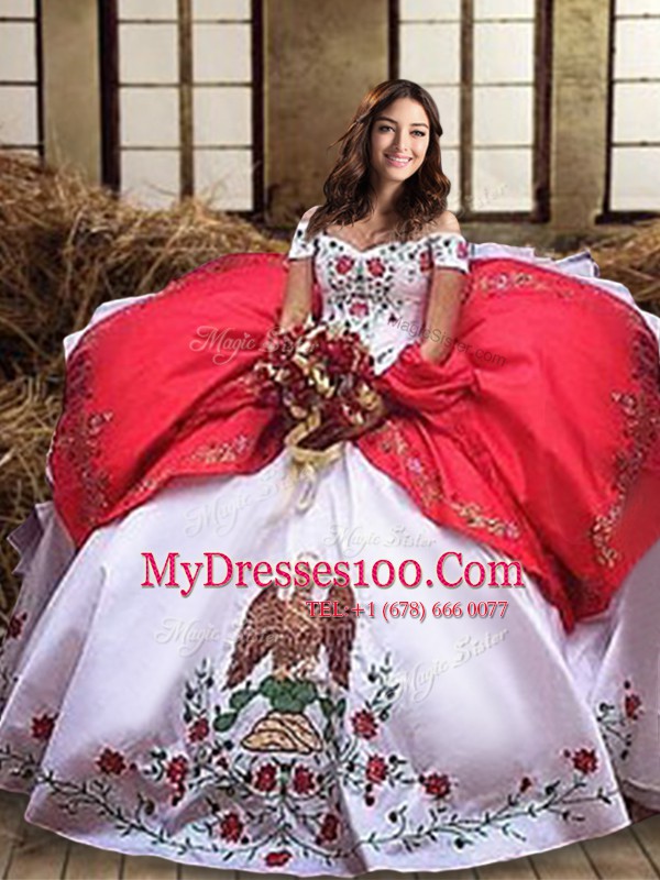 Organza and Taffeta Off The Shoulder Sleeveless Lace Up Embroidery and Ruffled Layers Quinceanera Gown in White And Red