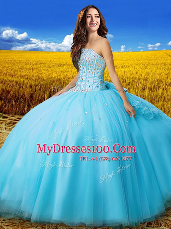 Dramatic Sleeveless Tulle Floor Length Lace Up Quinceanera Dresses in Aqua Blue with Beading and Bowknot