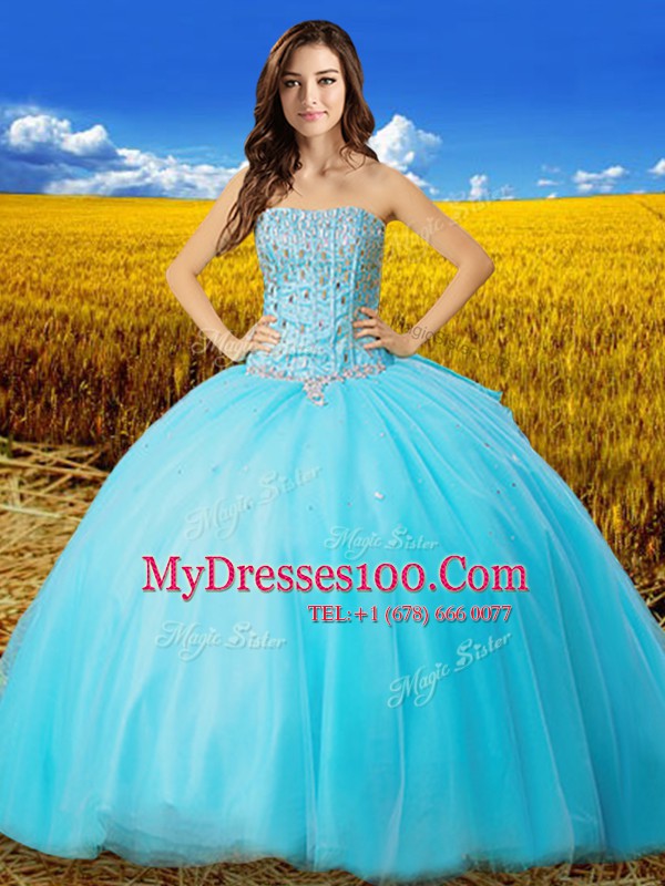 Dramatic Sleeveless Tulle Floor Length Lace Up Quinceanera Dresses in Aqua Blue with Beading and Bowknot