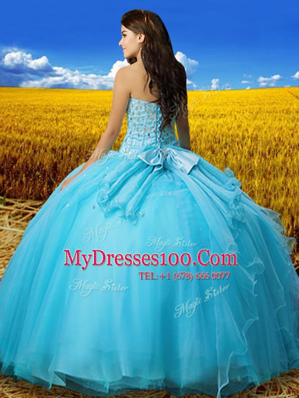 Dramatic Sleeveless Tulle Floor Length Lace Up Quinceanera Dresses in Aqua Blue with Beading and Bowknot