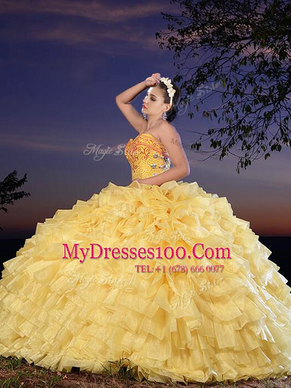 Beauteous Gold Organza Lace Up Sweetheart Sleeveless Floor Length Quince Ball Gowns Beading and Ruffled Layers