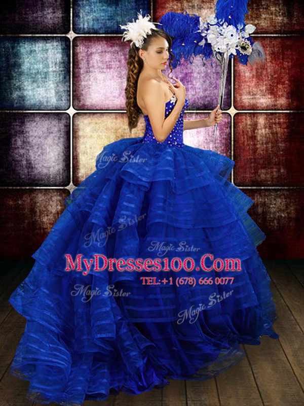 Romantic Ruffled Floor Length Ball Gowns Sleeveless Royal Blue 15 Quinceanera Dress Lace Up