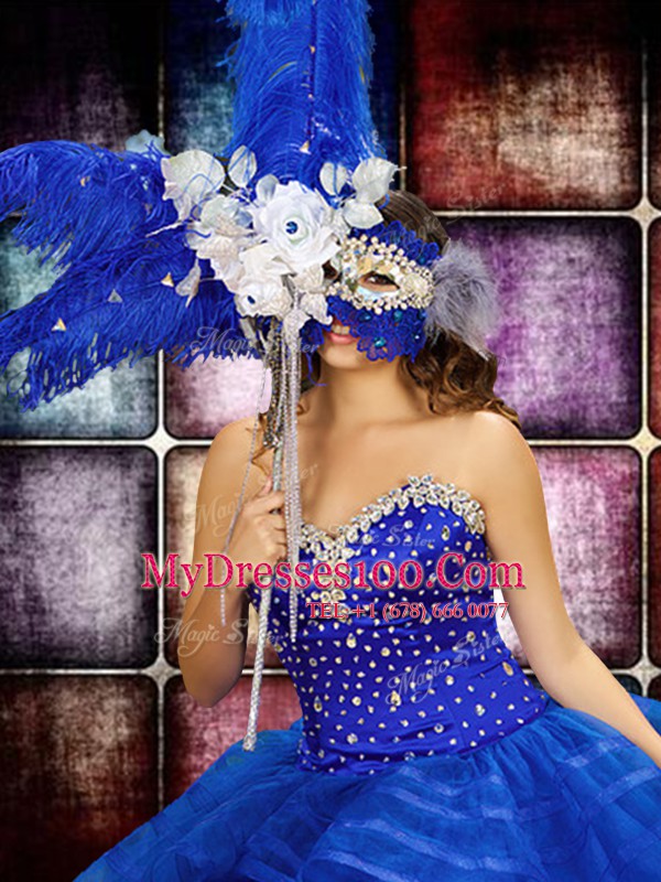 Romantic Ruffled Floor Length Ball Gowns Sleeveless Royal Blue 15 Quinceanera Dress Lace Up
