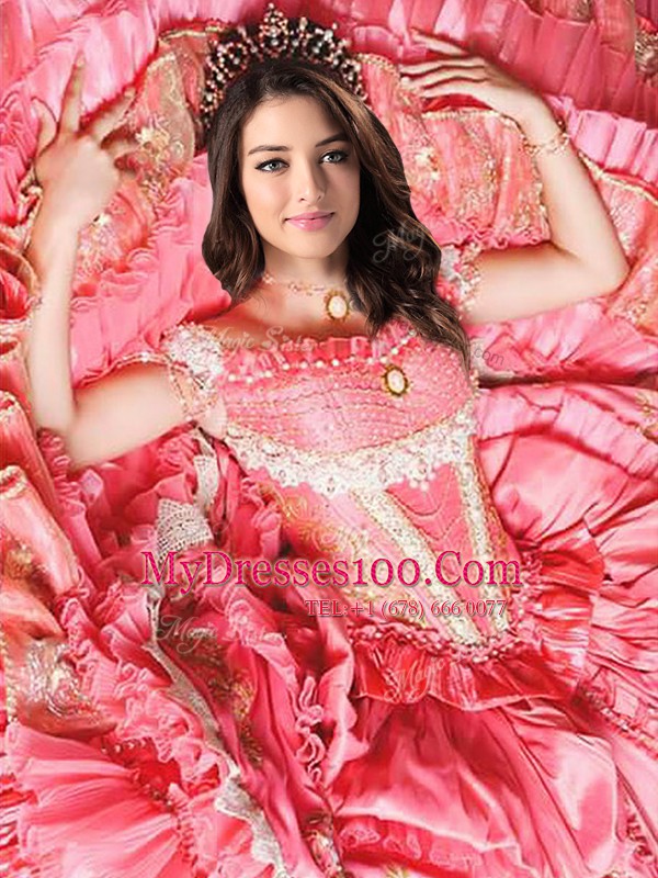 Watermelon Red Off The Shoulder Neckline Beading and Embroidery and Ruffled Layers Quinceanera Gown Sleeveless Lace Up