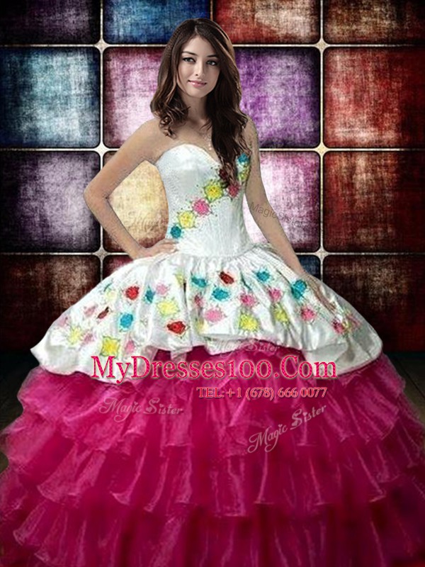 Sumptuous Ruffled Floor Length Fuchsia 15th Birthday Dress Sweetheart Sleeveless Lace Up