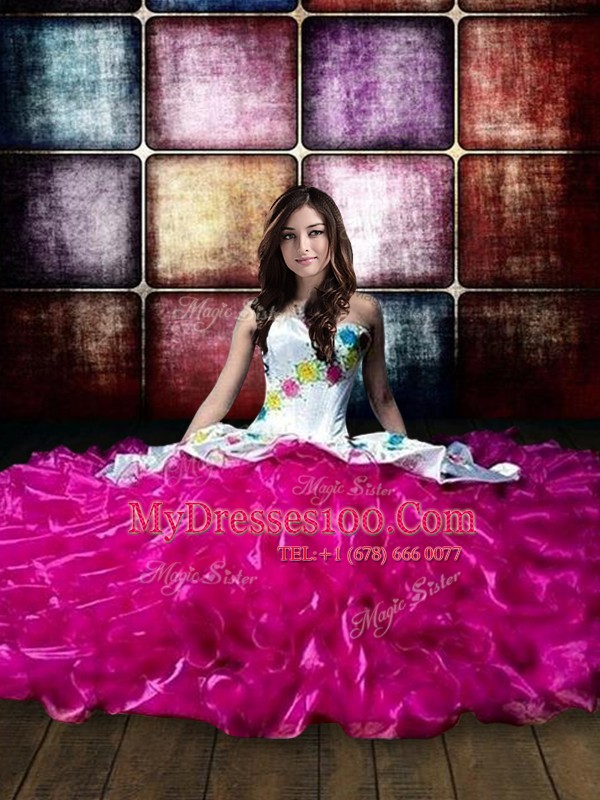 Sumptuous Ruffled Floor Length Fuchsia 15th Birthday Dress Sweetheart Sleeveless Lace Up