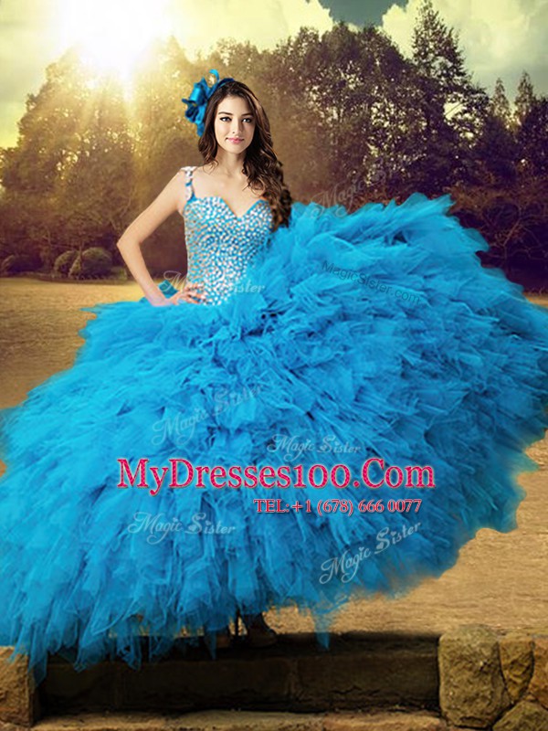 Decent Straps Baby Blue Sleeveless Beading and Ruffles Floor Length 15th Birthday Dress