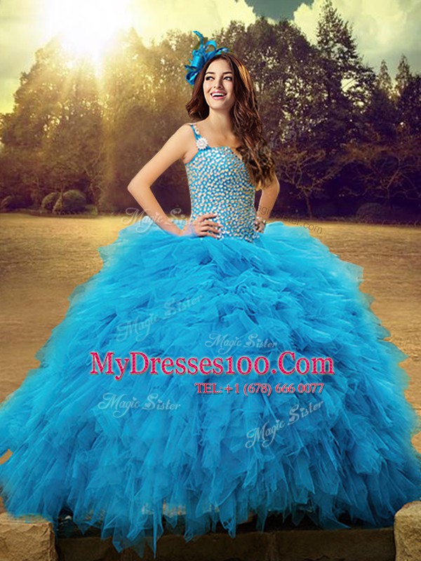 Decent Straps Baby Blue Sleeveless Beading and Ruffles Floor Length 15th Birthday Dress