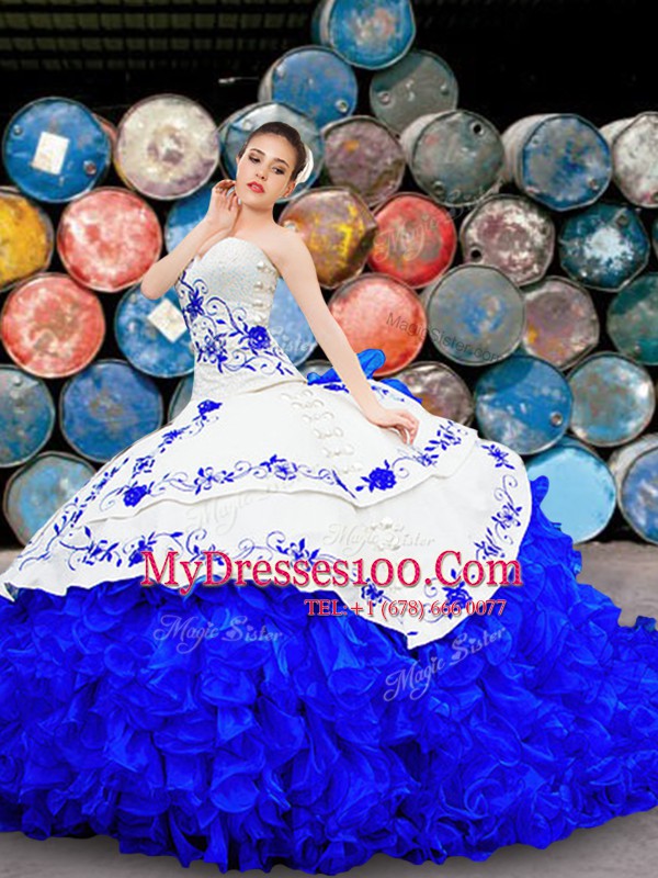 Designer Sleeveless Brush Train Lace Up With Train Embroidery and Ruffles Quinceanera Dresses