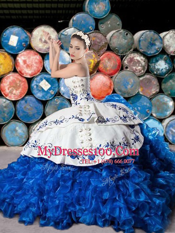 Designer Sleeveless Brush Train Lace Up With Train Embroidery and Ruffles Quinceanera Dresses