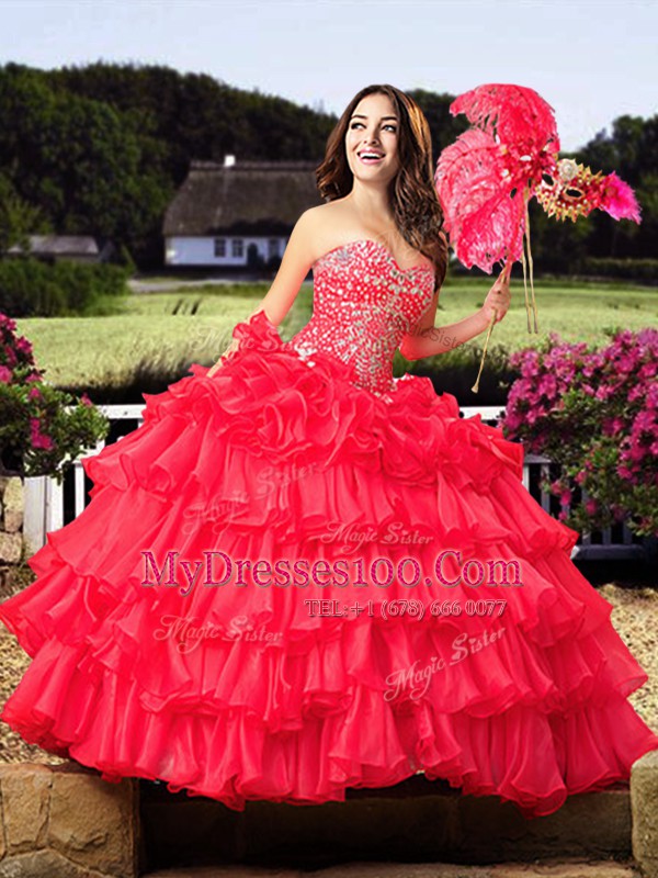 Exceptional Coral Red Sleeveless Beading and Ruffled Layers Floor Length 15 Quinceanera Dress