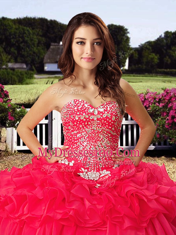 Exceptional Coral Red Sleeveless Beading and Ruffled Layers Floor Length 15 Quinceanera Dress