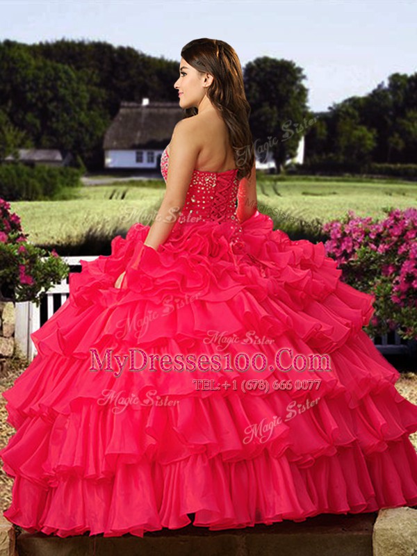 Exceptional Coral Red Sleeveless Beading and Ruffled Layers Floor Length 15 Quinceanera Dress