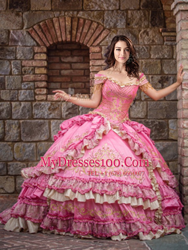 Hot Sale Taffeta Off The Shoulder Sleeveless Lace Up Beading and Embroidery and Ruffled Layers Sweet 16 Dress in Rose Pink