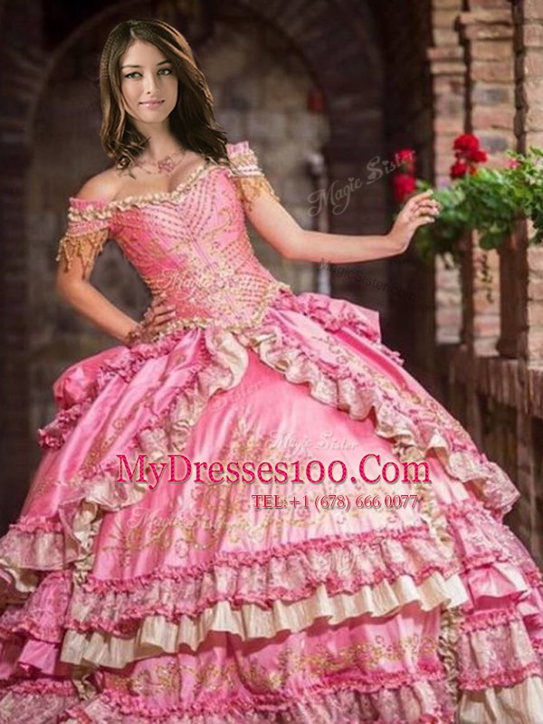 Hot Sale Taffeta Off The Shoulder Sleeveless Lace Up Beading and Embroidery and Ruffled Layers Sweet 16 Dress in Rose Pink