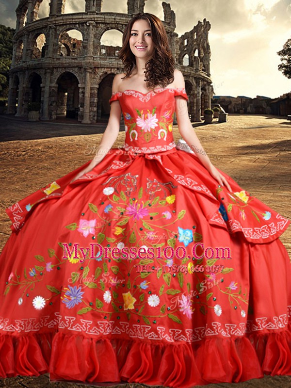Sweet Red Ball Gowns Taffeta Off The Shoulder Sleeveless Embroidery and Bowknot Floor Length Lace Up Sweet 16 Dresses