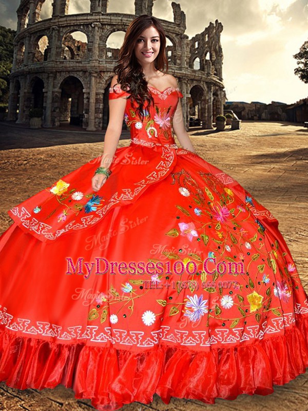 Sweet Red Ball Gowns Taffeta Off The Shoulder Sleeveless Embroidery and Bowknot Floor Length Lace Up Sweet 16 Dresses