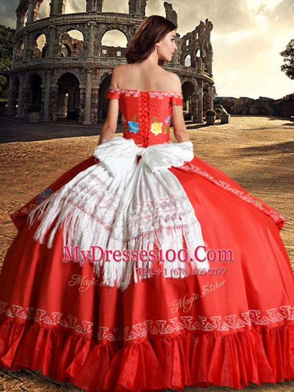Sweet Red Ball Gowns Taffeta Off The Shoulder Sleeveless Embroidery and Bowknot Floor Length Lace Up Sweet 16 Dresses