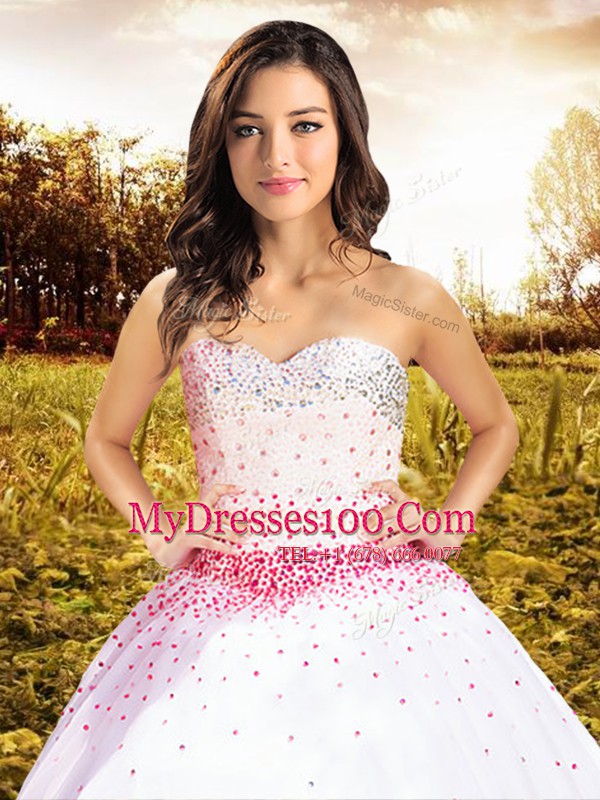 White Lace Up Sweetheart Beading Sweet 16 Dresses Tulle Sleeveless