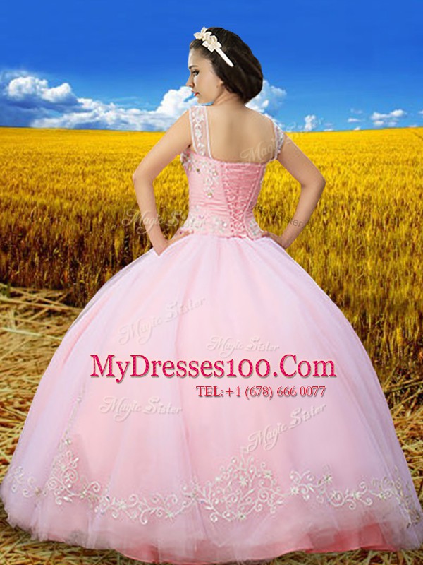Ideal Baby Pink Ball Gowns Scoop Sleeveless Tulle Floor Length Lace Up Beading and Lace and Embroidery Quinceanera Dresses