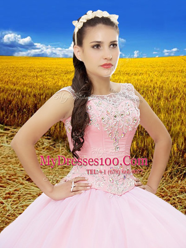 Ideal Baby Pink Ball Gowns Scoop Sleeveless Tulle Floor Length Lace Up Beading and Lace and Embroidery Quinceanera Dresses