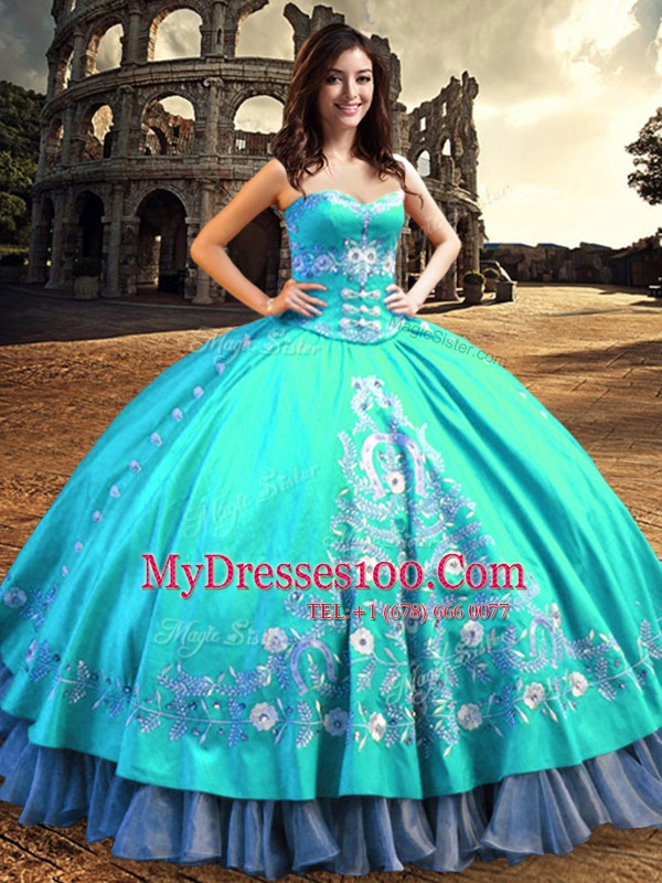 Floor Length Aqua Blue Sweet 16 Quinceanera Dress Taffeta Sleeveless Embroidery
