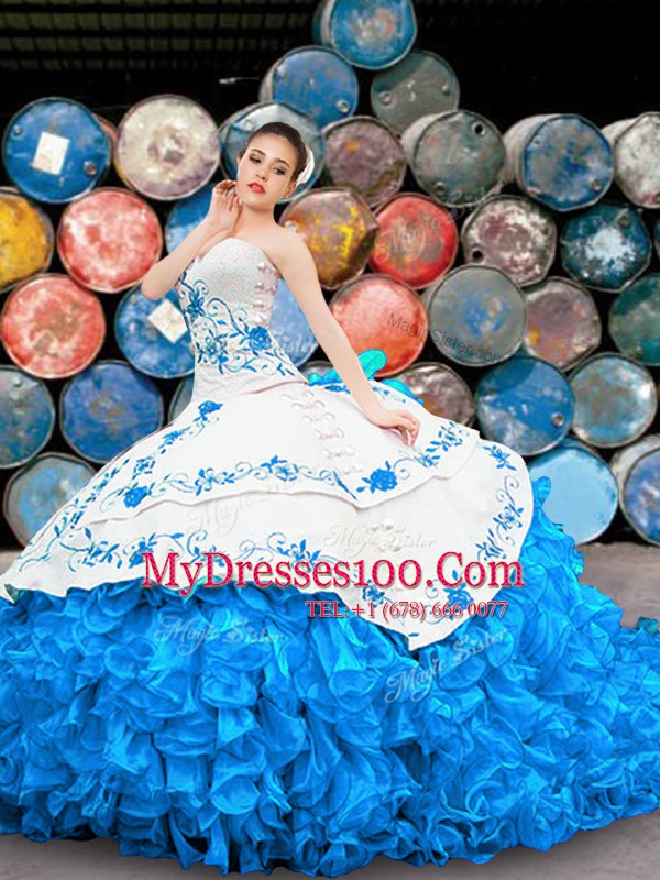 Blue And White Ball Gowns Organza Halter Top Sleeveless Appliques and Embroidery and Ruffles Floor Length Lace Up Sweet 16 Dresses